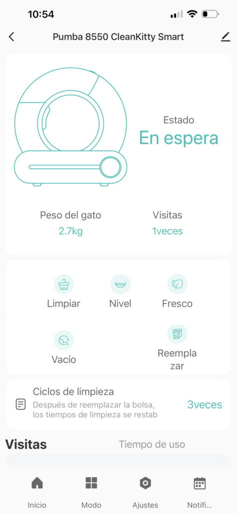 Captura de la app del Cecotec Pumba 8550 mostrando peso y visitas del gato